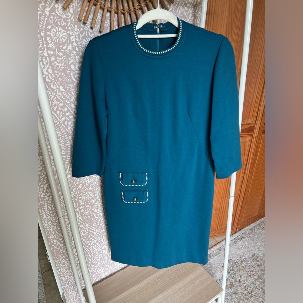 Vintage 60s 70s Teal Blue Straight Long Sleeve Mod‎ Retro Dress Faux Pockets